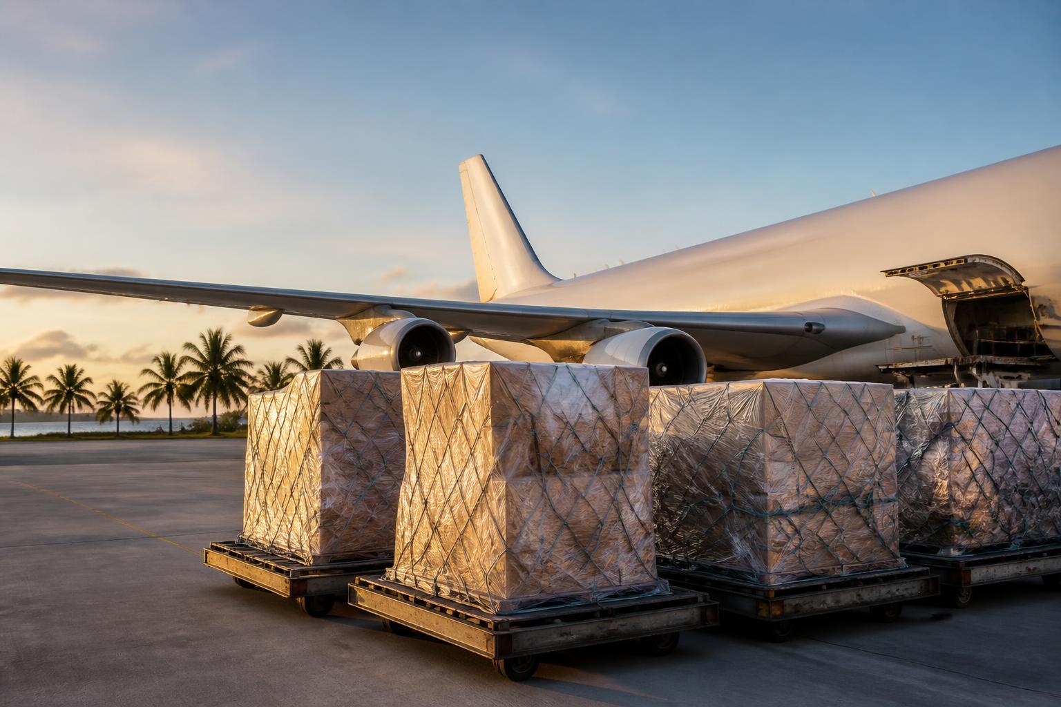 Air freight pallets prepared for export at a Caribbean airport