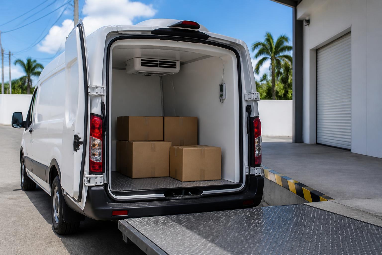 Refrigerated delivery van loaded with sealed cartons at a dispatch bay