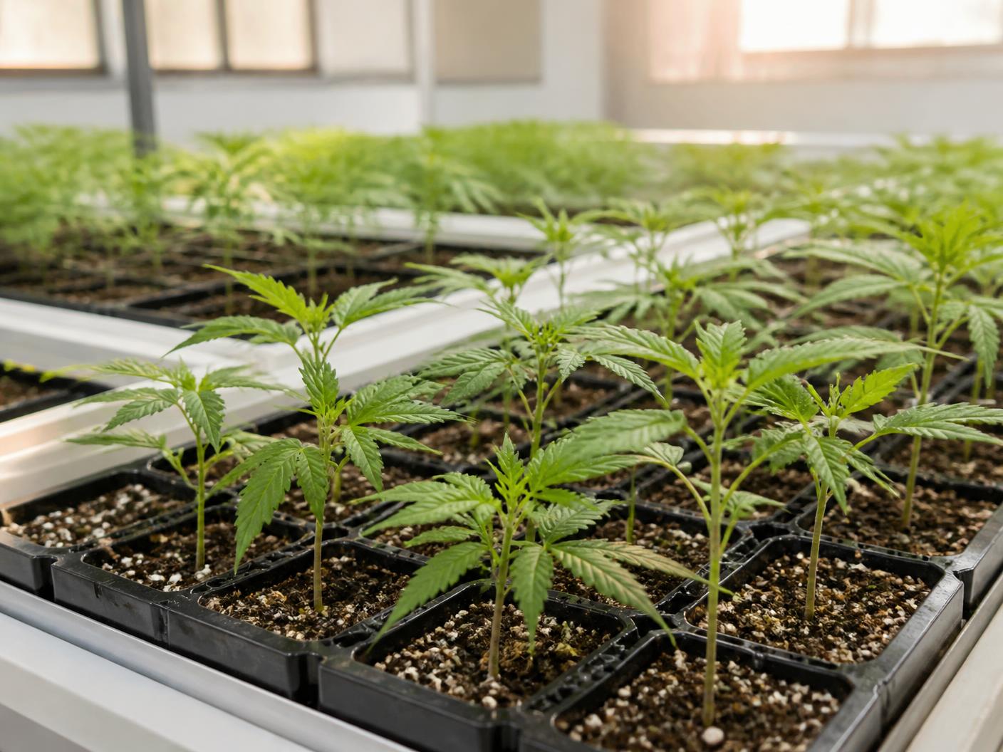 Young cannabis plants in a licensed propagation nursery