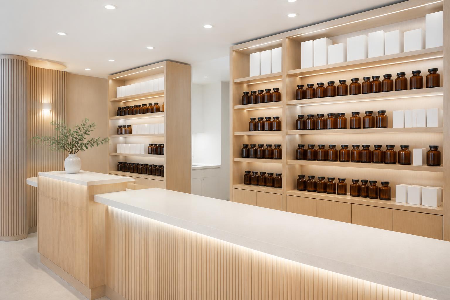Dispensary shelving stocked with sealed medicine bottles