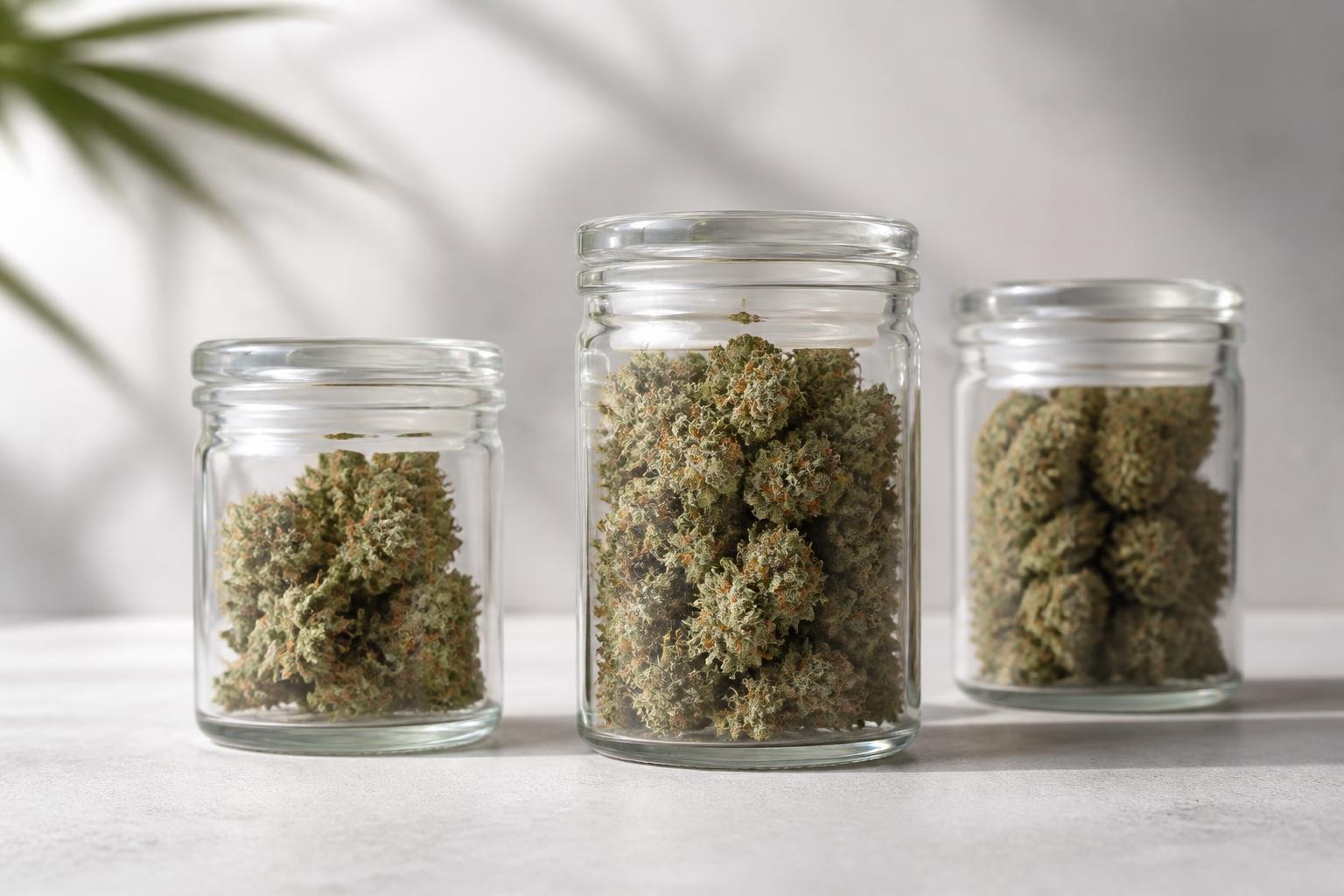Sealed glass jars of cured medical cannabis flower