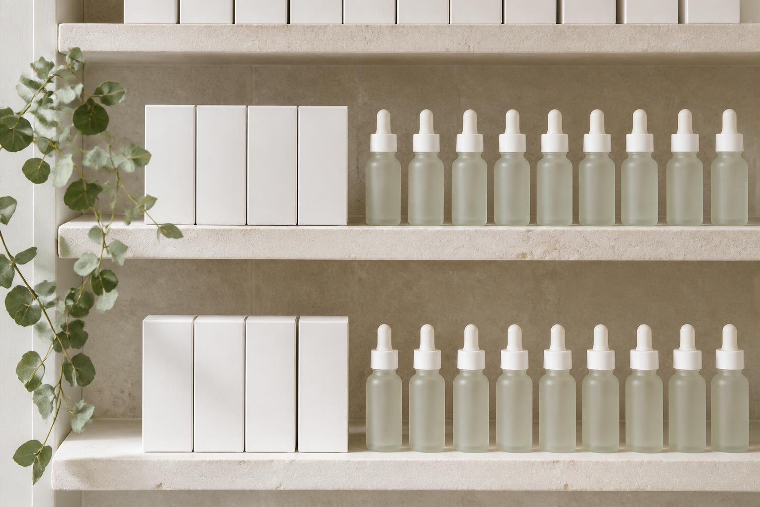 Retail shelving with sealed unbranded therapeutic bottles
